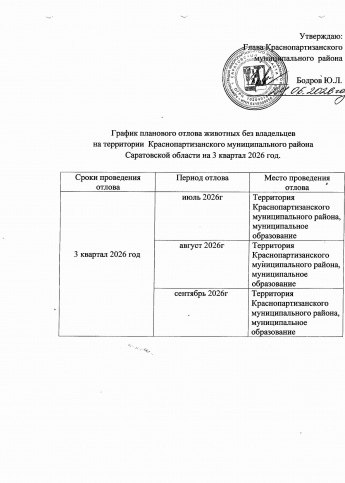 График планового отлова животных без владельцнв на территории Краснопартизанского муниципального района на 3 квартал 2026 года 
